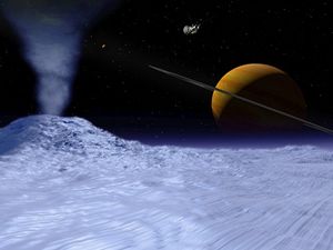 Grafika znázorňuje povrch jednoho z měsíců Saturnu, Encelada.